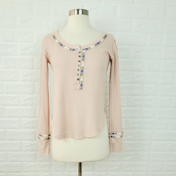 Nwt FREE PEOPLE Rainbow Thermal Henley Top | Pink | Size- XS - Picture 6 of 12